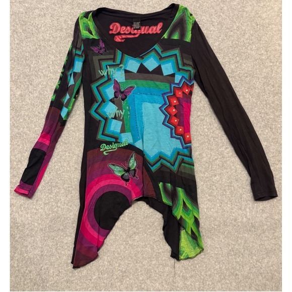 Desigual Tops - Desigual Women Long Sleeve Asymmetrical Butterfly Graphic Top V-Neck Black Y2K